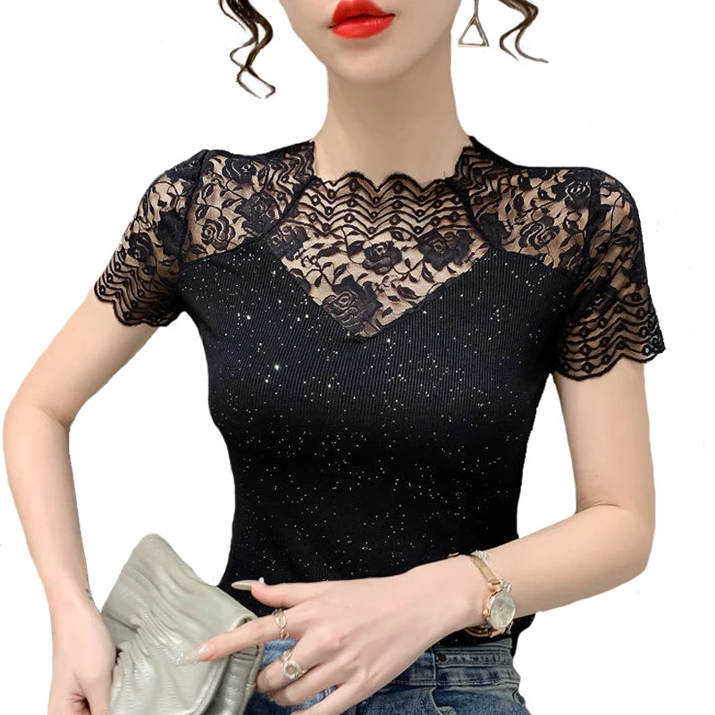 Summer Women Tops Patchwork Bright silk Mesh T shirt Pathcwork Short Sleeve Lace Shirt.