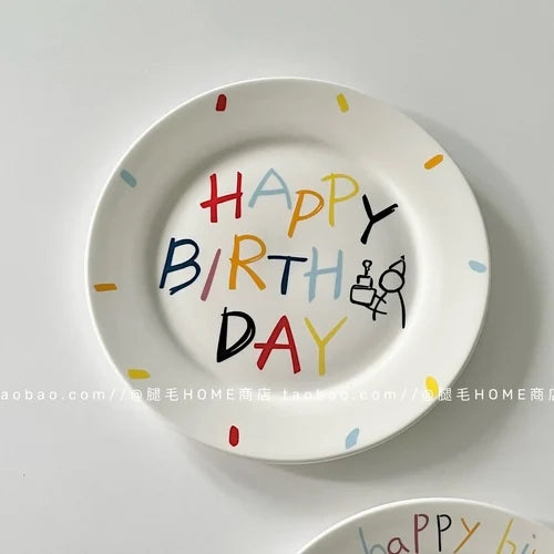 Korean Plate Designer Cute Happy Birthday Tableware Ceramic Coffee Cup Plate Dessert Cake Plate Cup Creative Birthday Gift.