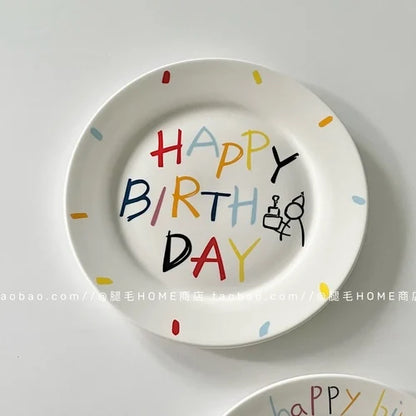 Korean Plate Designer Cute Happy Birthday Tableware Ceramic Coffee Cup Plate Dessert Cake Plate Cup Creative Birthday Gift.