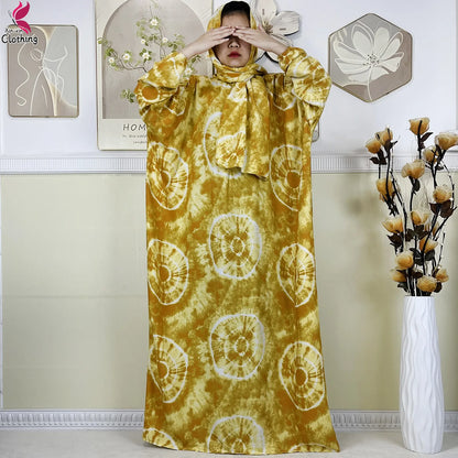 2025 New Muslim Abayas For Women Ramadan Prayer Garment Dubai Middle East Femme Robe Cotton Loose African Dress Turban Attached