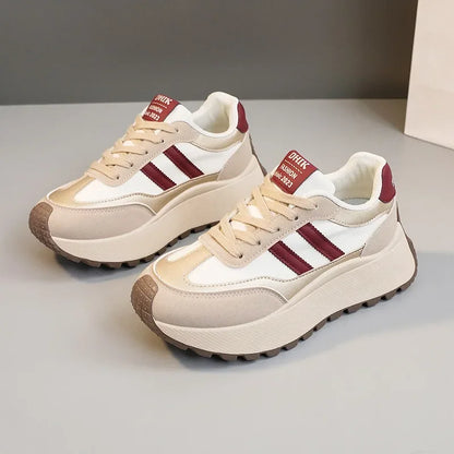 Spring Thick Bottom Women's Shoes 2025 Summer Casual Patchwork Leather Sneakers Casual Vulcanised Shoes Ladies Chaussure Femme.