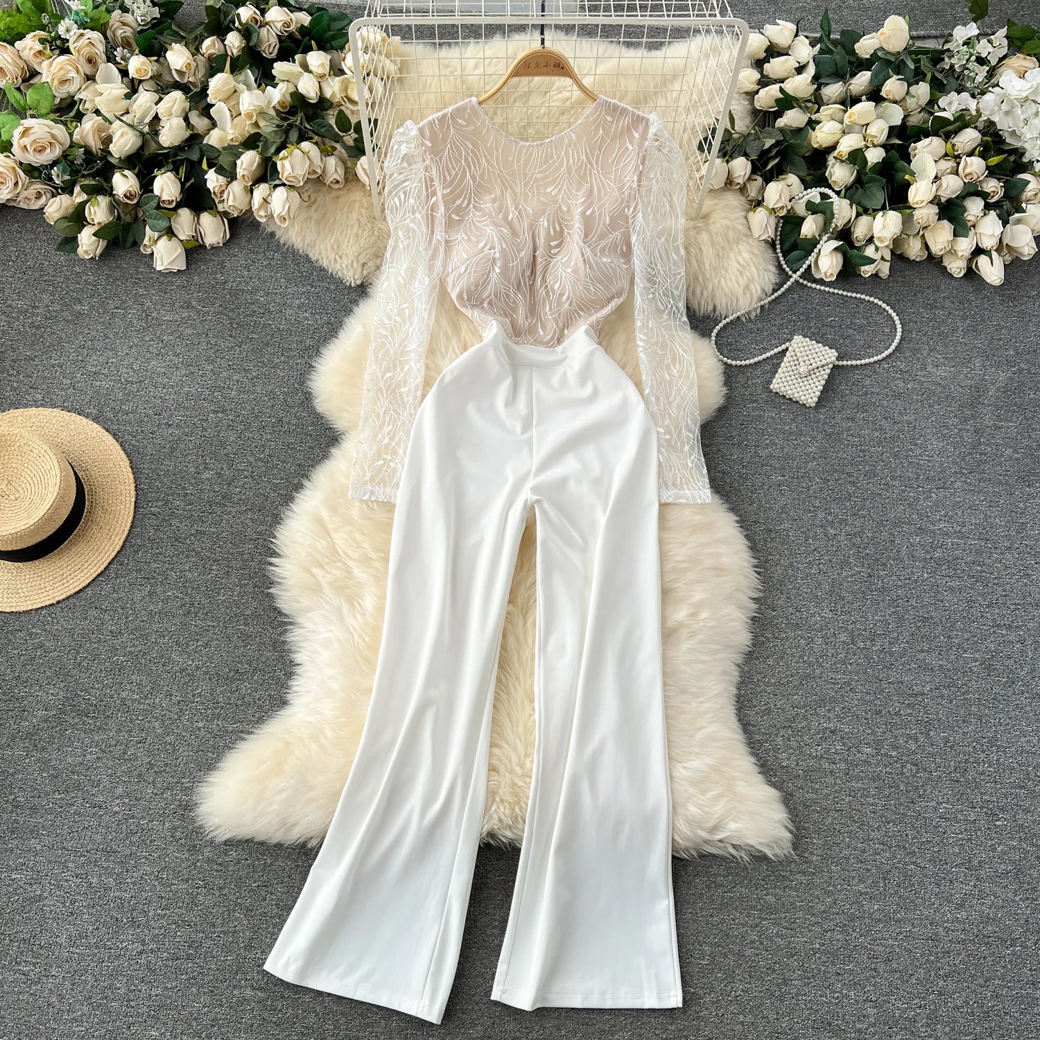 Light Luxury Elegant Women White Backless Jumpsuits Temperament O-neck Puff Long Sleeve Embroidery Female Playsuits.