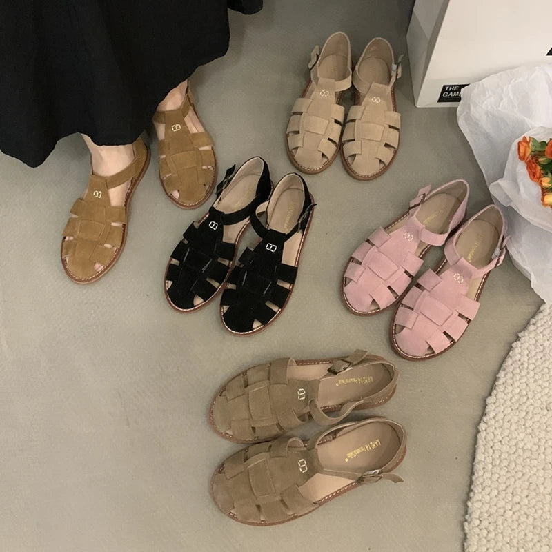 DIMANYU Women's Roman Sandals 2023 Summer New Flat Retro Real Leather Ladies Sandals Hollowed Women's Cage Shoes