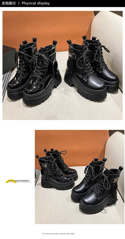 Women's High Platform Motorcycles Boots Winter 10CM Wedge Heels Warm Ankle Boots Chunky Sneakers New Autumn Leather Shoes Woman.