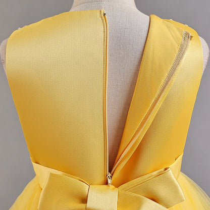 Gelbes ärmelloses Kinder leistungs kleid Bogens chwanz kleid Prinzessin kleid für 3y bis 12y Geburtstags feier kleidung.
