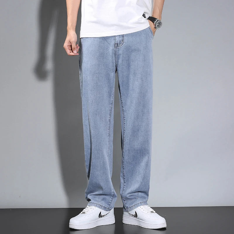 Summer Thin Men's Straight Loose Gray Jeans Soft Fabric Lyocell Fabric Light Colored Casual Pants Male Brand Trousers.