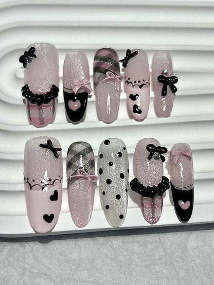 Black Pink Sweet French Almond Handmade Press On Nails Grid Polka Dot Love Skirt Ballet Fake Nails Princess Cute Bow Nail Art.