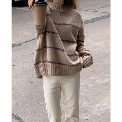 Herbst Winter Gestreiften Pullover Pullover Frauen Gestrickte Shirts Lange Hülse Lose Mock Neck Outwear Casual Pullover Tops Strickwaren