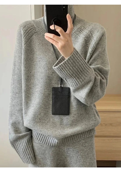 Zweiteiliger Anzug aus 100 % Merinowolle für Damen, O-Kragen-Pullover, Pullover, weites Bein, Hosen-Set, Herbst-Winter, lockere, bequeme Strickwaren