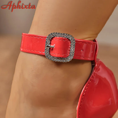 Aphixta 2cm Crystals Belt Buckle Super 12cm High Stiletto Heels Ankle Strap Sandals Women Pointed Toe Heels Shoes Plus Size 50.