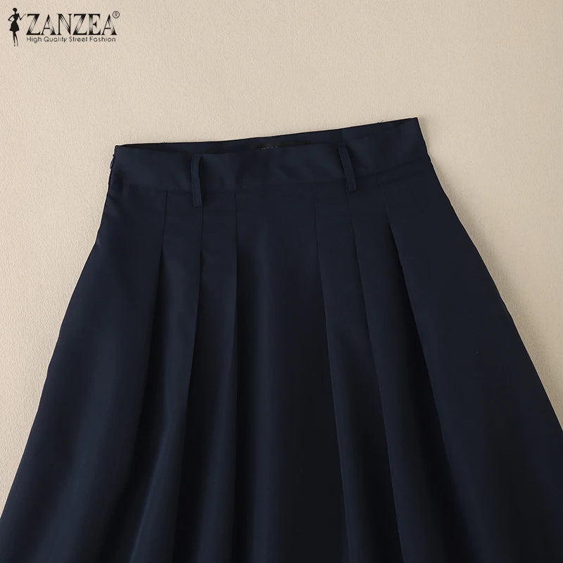 ZANZEA Summer Solid Midi Skirt Elegant Women High Waist Work OL Skirts Fashion A-line Jupes Stylish Party Faldas Saia  Plus Size.