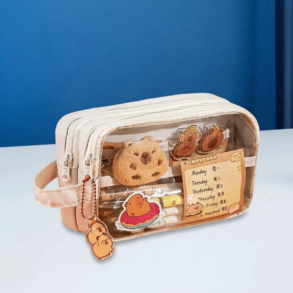 Capybara Kawaii Pencil Case with Compartments Stationary Bag Clear Pen Bag with Sticker Pendant for Office College School.