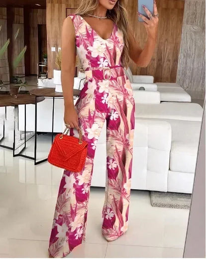 Spring and Summer New Women's Fashion Casual Slim Striped V-neck Black and White Contrast Jumpsuit--without Belt.