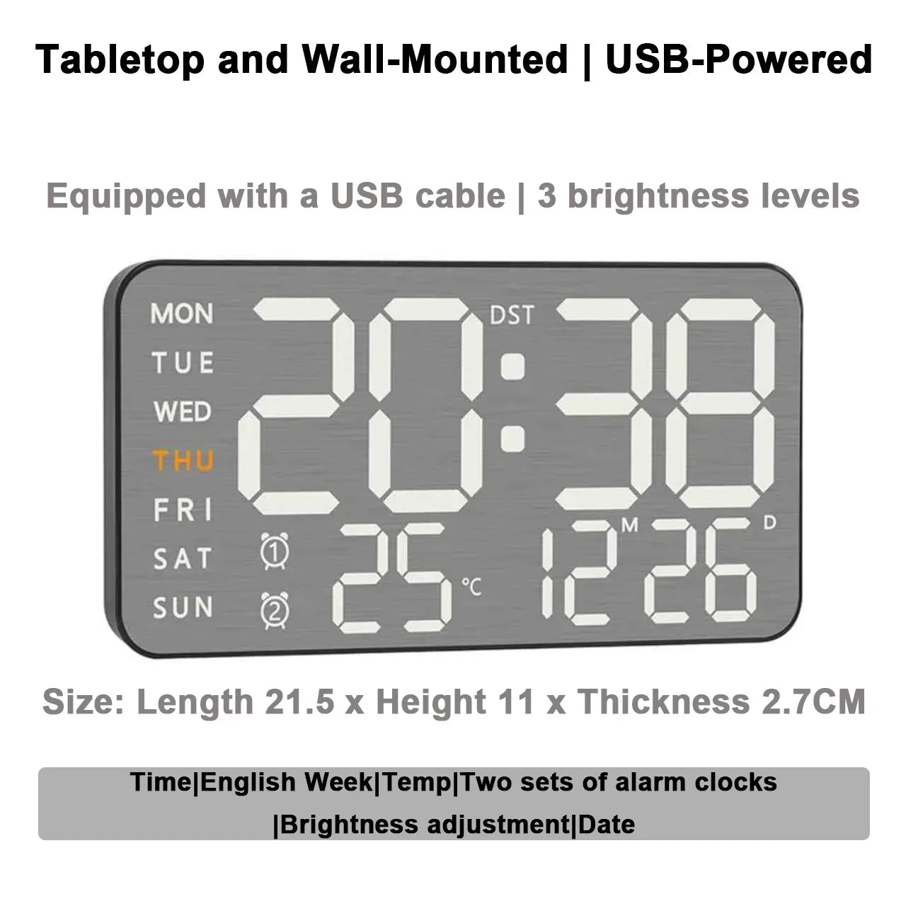 Wanduhr mit Spiegel-Bürsten-Finish, Premium-Gefühl, geräuschlos, Wanduhr, Tischwecker, Temperaturanzeige, Schlafzimmer, Büro, Wohnzimmer, Dekoration