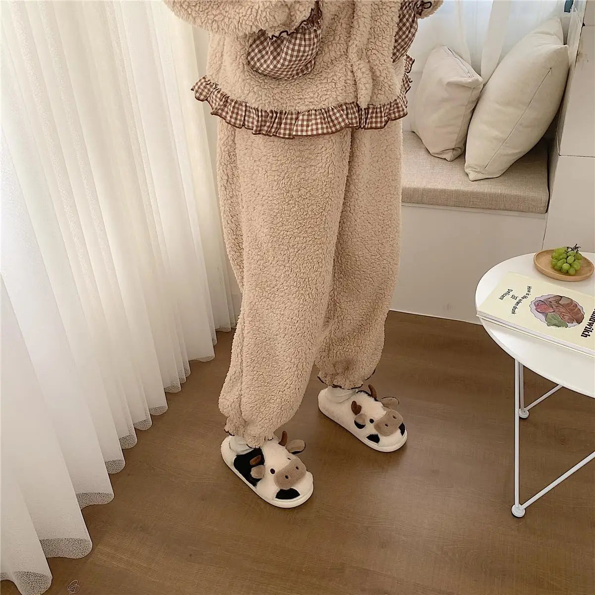 Shevalues Plush Cartoon Milk Cow Slippers Winter Women Slippers Furry Non-Slips Women Cotton Slides Couples Soft Cozy Flat Shoes.