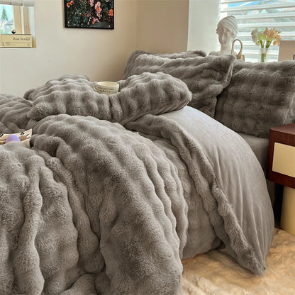 Luxury Faux Rabbit Fur Velvet Fleece Plush Soft Warm Bedding Set Super Comfortable Duvet Cover Set Blanket Bed Sheet Pillowcases