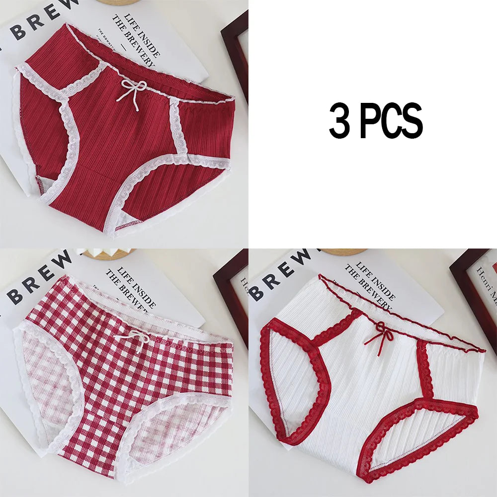 3pcs Cotton Women's Panties Sweet Cute Printed Student Mid-Waist Underwear Fashionable Breathable Girls Daily Briefs.