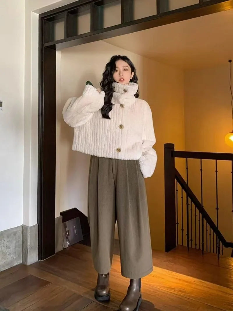 2025 Winter Fashion Stand Collar Warm Plush Short Jacket Women Autumn Retro Street Thickened Loose Harajuku Casual Short Jacket.