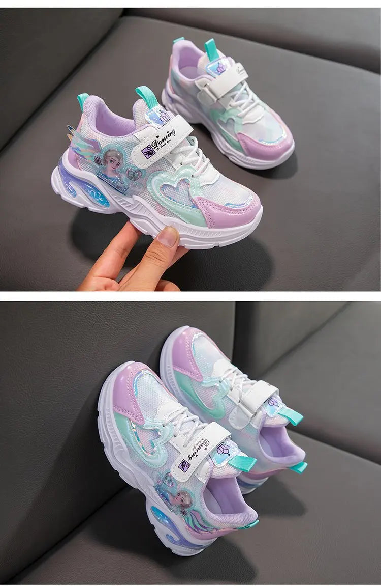 Disney Girls' Casual Shoes Frozen Priness Elsa Sneakers Mesh Leather White Breathable Sole Children's Sport Shoes Size 26-37.
