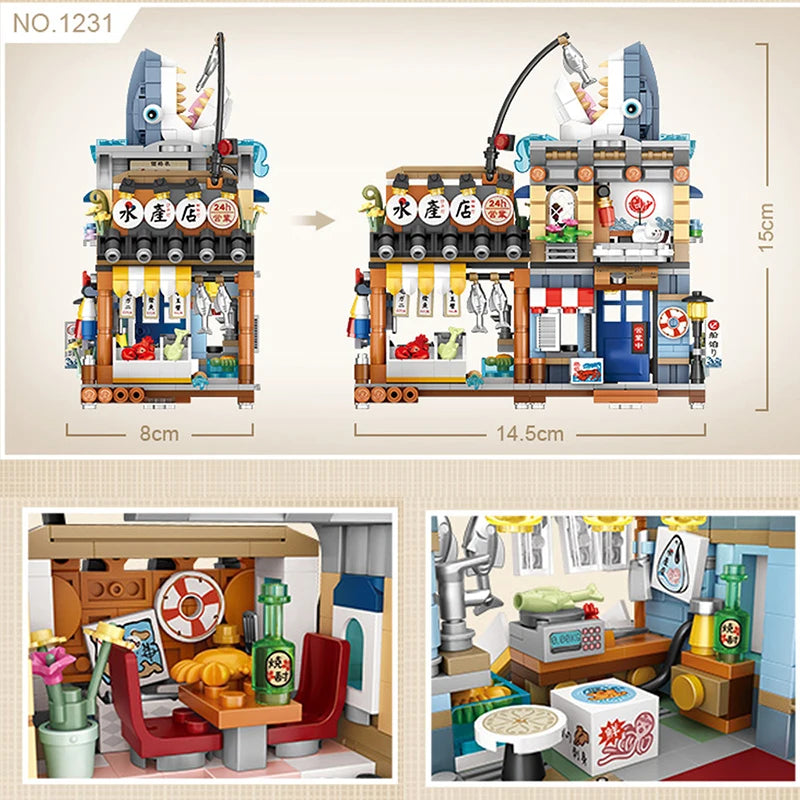 Street View Series Building blocks Izakaya Shaved Ice Shop Takoyaki Shop Coffee shop Panda Tea House model children's gift.