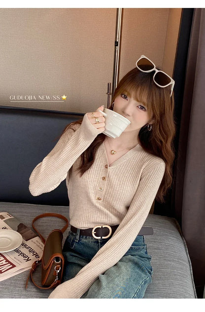 2025 Autumn Winter Women Sweaters Casual Slim Button Knitted Pullover Sweater Femme Basic Solid Jersey Tops Fashion Clothes