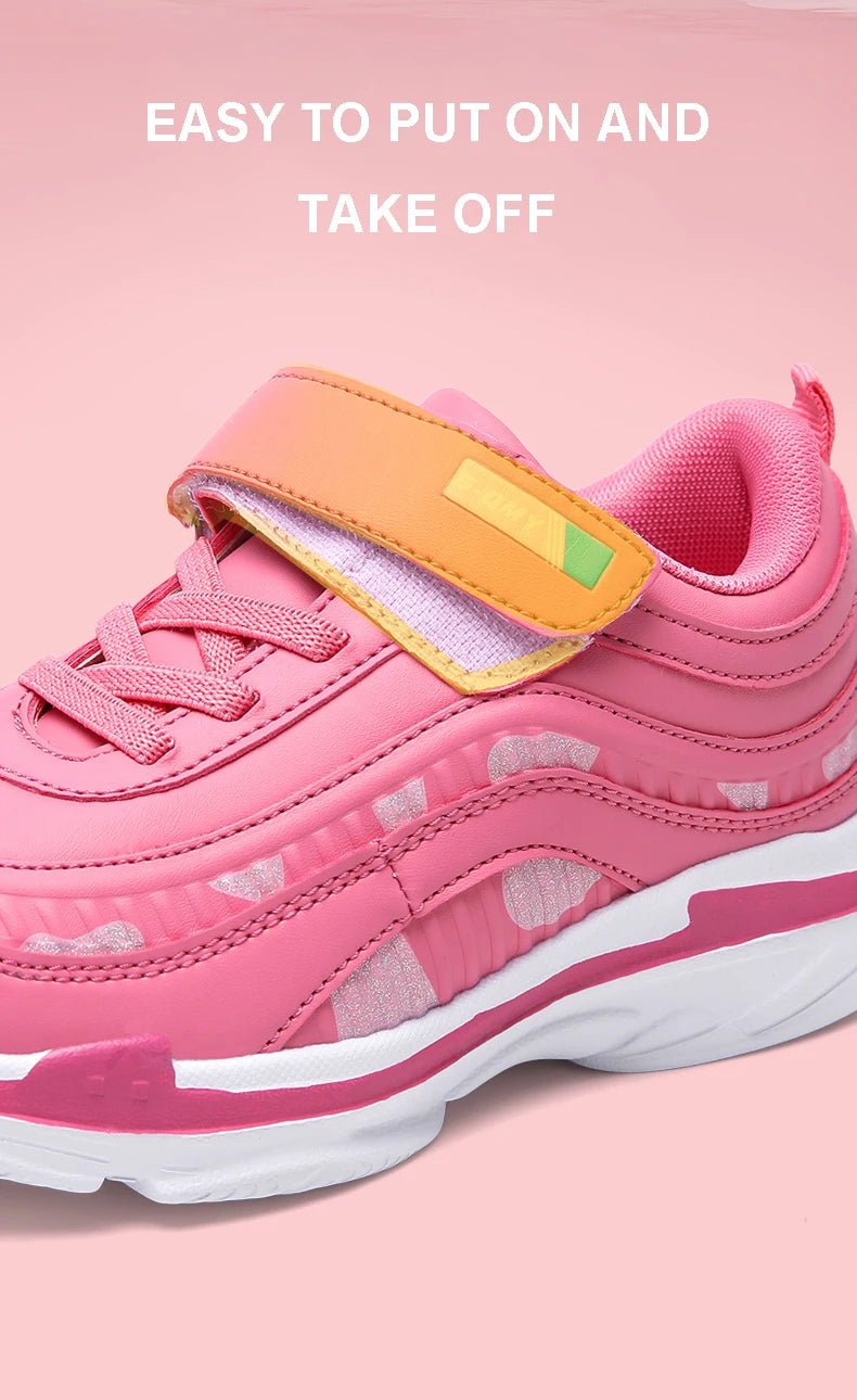 Girls Sport Shoes Waterproof Running Kids Sneakers Casual Leather Pink Breathable Fashion Antislip Lightweight Children Shoes.