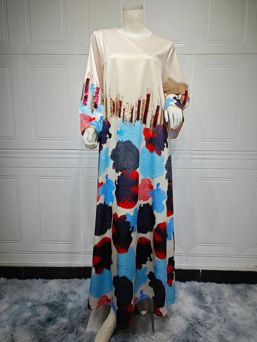 Siskakia Arab Saudi Printing Sequins Long Dresses Galabia Muslim Eid Women Abayas Islam Clothing Turkish African Kebaya 2024 New