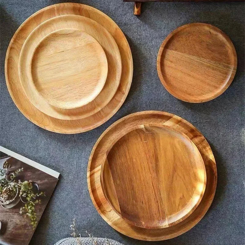 Wooden Tray Simple Round Serving Tray Retro Wood Plates Fruit Dessert Tray Snack Fruit Platter Food Plate Dish Storage Tray.