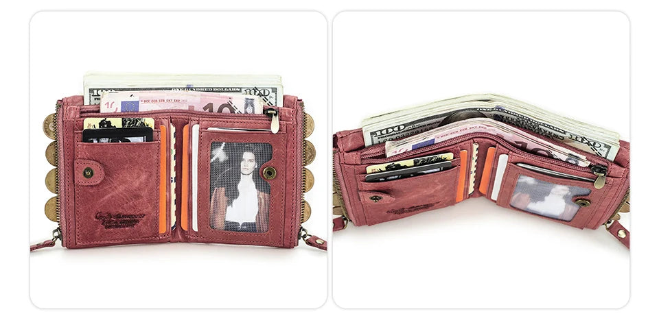 Fashion Genuine Leather Women Wallet Bi-fold Wallets Red ID Card Holder Coin Purse With Double Zipper Small Women's Purse 2022