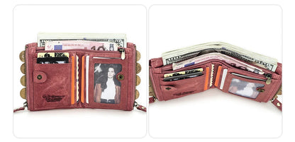 Fashion Genuine Leather Women Wallet Bi-fold Wallets Red ID Card Holder Coin Purse With Double Zipper Small Women's Purse 2022