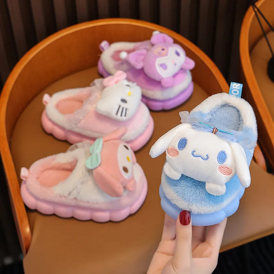 Sweet Family Winter Warm Slippers Cute Kawaii Sandals Kuromi My Melody Hello Kitty Soft Sole Shoes.