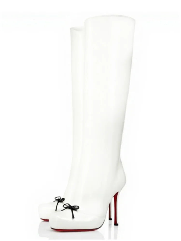 European and American Fashion Niche High-heeled Square Toe Side Zipper Knee High Bow Boots Women's Versatile Banquet Shoes.