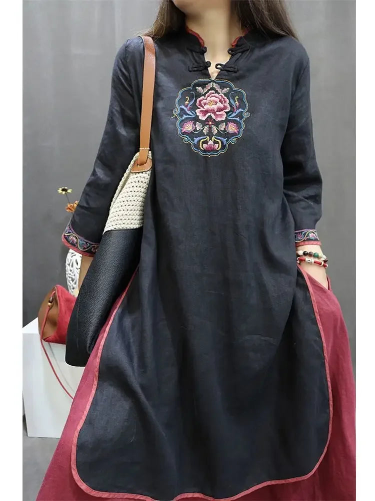 Damen-Bluse im Vintage-Stil aus Baumwolle und Leinen, mittellang, siebte Ärmel, Stickerei, ethnischer Rock mit lockerer Passform, chinesischer Stil.