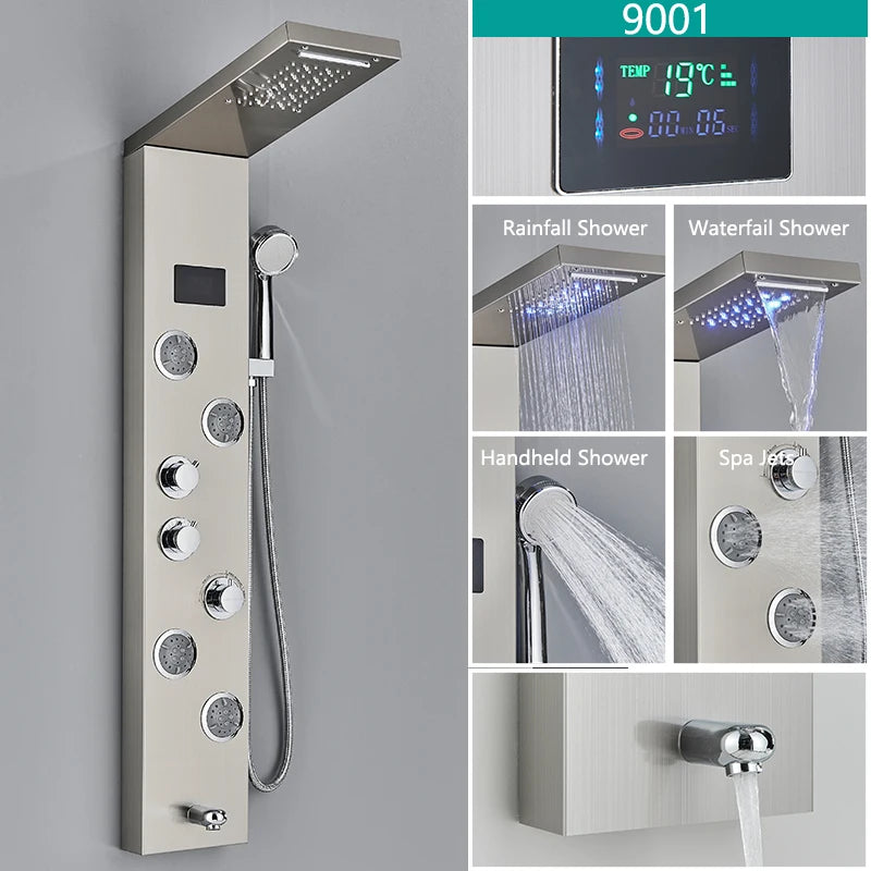 LED Light Bathroom Shower Faucet Set LED Rainfall Shower Panel System Bathtub Water Mixer Tap Massage SPA Temperature Screen