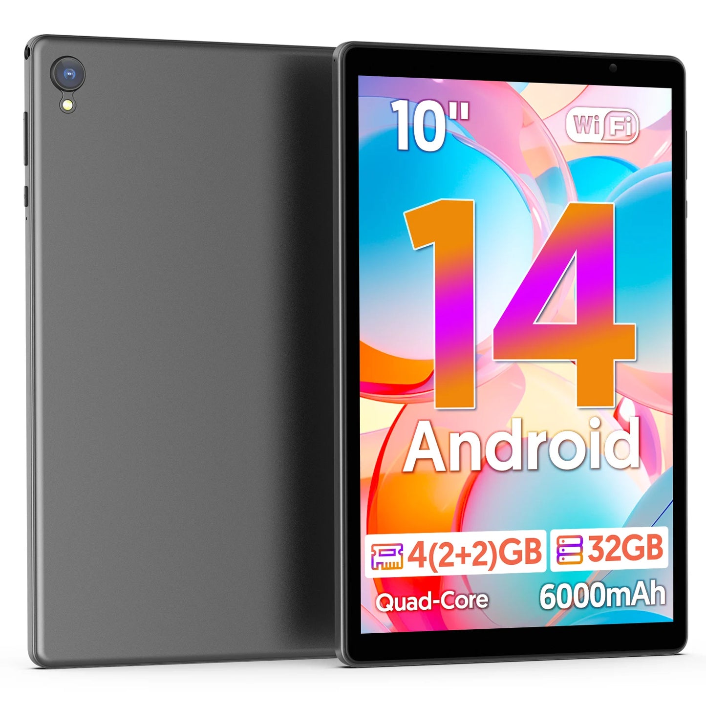 BAKEN 10-inch HD Display Android 14 Tablet, Quad-Core Processor, 4 (2+2)GB ROM + 32GB RAM, Bluetooth, Google Play.