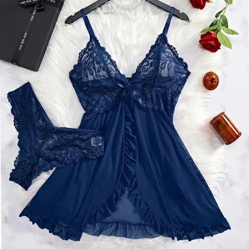 A Set Of Tulle Ultra Sexy Nightgown V-neck Bra Open Sleep Skirt Night Erotic Dress Woman Sheer Pajamas Lingerie Pants Luxury kit