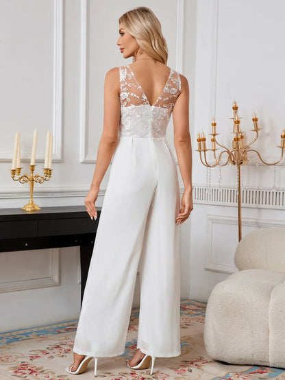 Sexy V-neck White Chiffon Lace Romper Wide Leg Wedding Party Banquet Women's Cross-border Clothing Lace Long Pants.