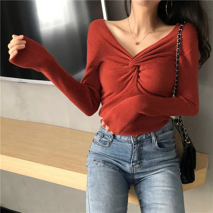 Herbst Winter Dünne Gestrickte Hemd Frauen Pullover Pullover Tops Weibliche Lange Hülse Elastische V-ausschnitt Dünne Pullover Stricken Shirts