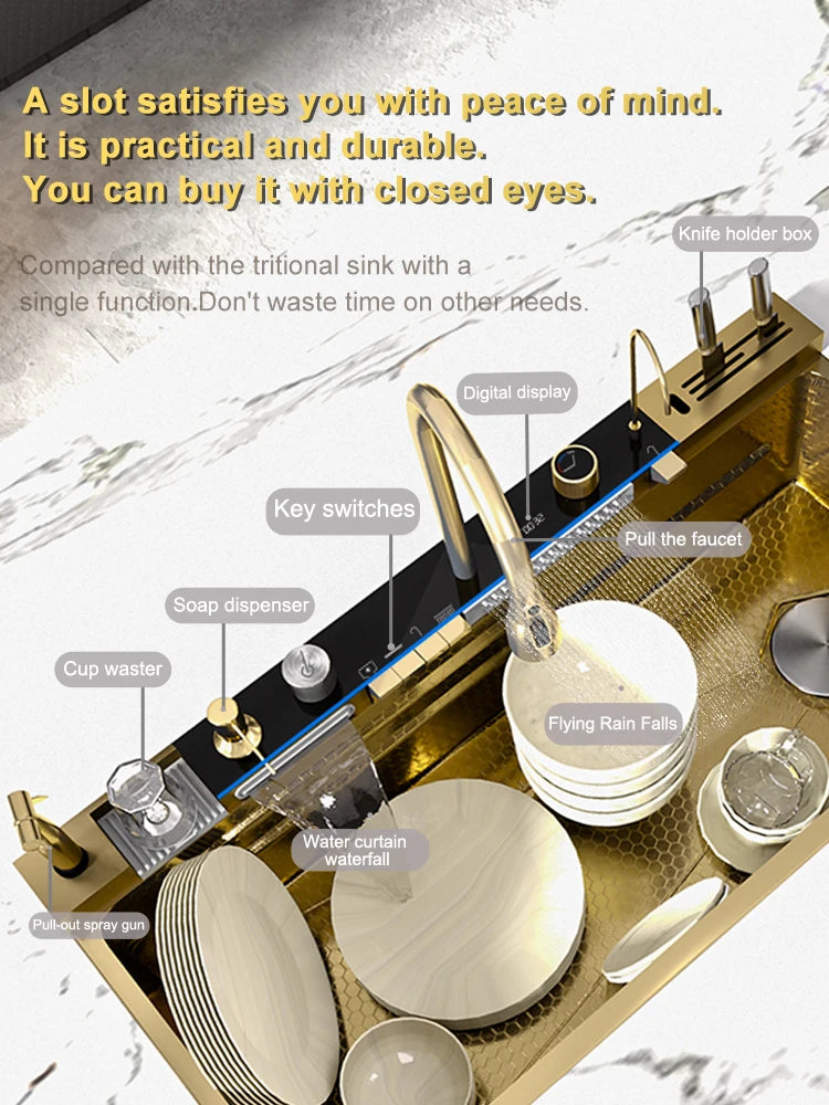 Golden Stainless Steel Waterfall Kitchen Sink Gold Embossed Extra Large Single Slot Digital Display Dishwashing Basin 100x50cm
