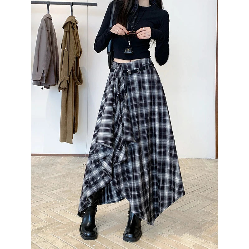 MEXZT Vintage Plaid Woolen Midi Skirt Women Y2K Harajuku Belt Asymmetrical Skirts Winter Gyaru Grunge Korean Design Faldas New.