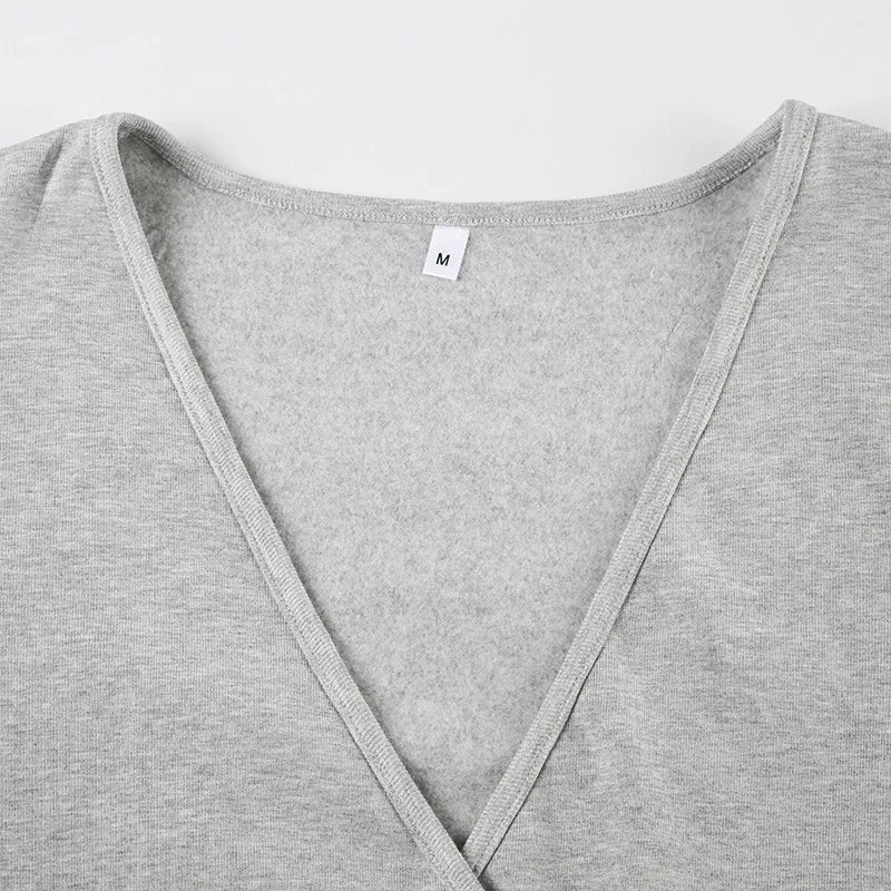 Apprabant Casual Fashion Drawstring High Waist Trousers Set Lace Up Flared Sleeve V Neck Twist Tops Plush Loose Pants Suit.