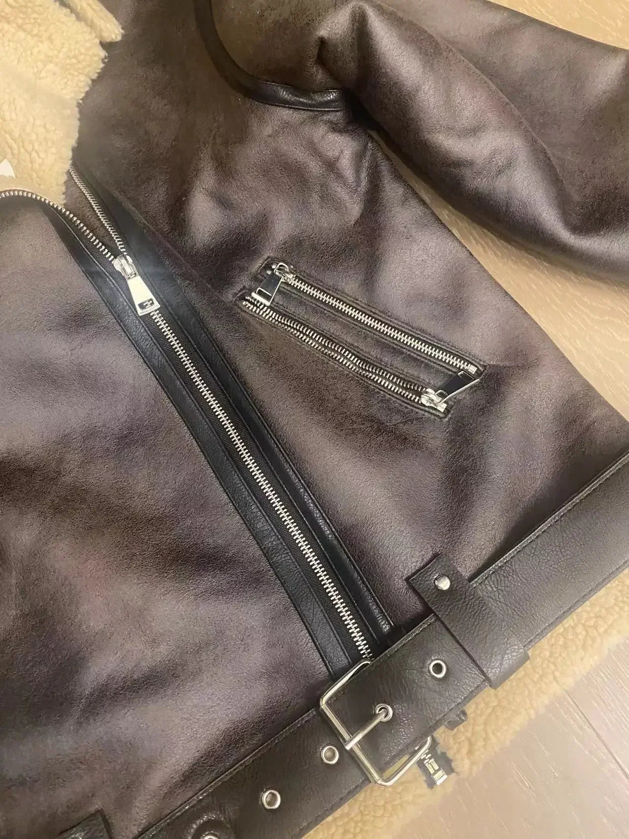 Frau dicke warme doppelseitige Faux Shear ling Jacke Herbst Winter neue Revers Langarm Gürtel Saum Reiß verschluss weibliche Oberbekleidung
