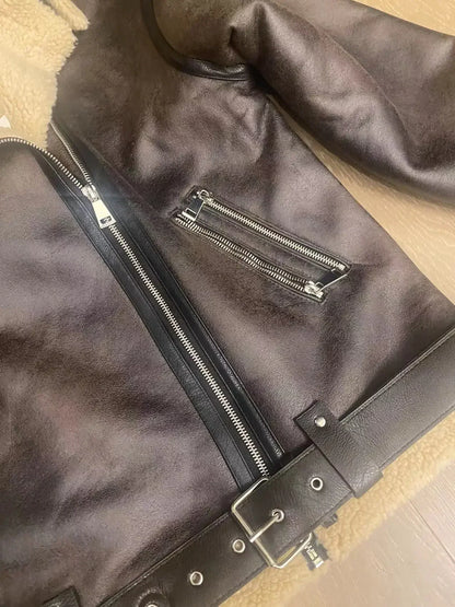 Frau dicke warme doppelseitige Faux Shear ling Jacke Herbst Winter neue Revers Langarm Gürtel Saum Reiß verschluss weibliche Oberbekleidung