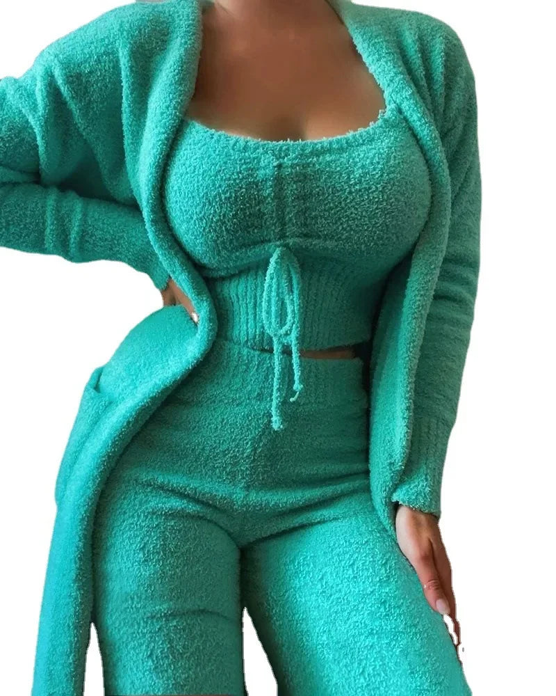 Women's Winter New Fashion Plush Pajamas Three-piece Set，Halter Short Top+high-waisted Straight-leg Pants+long Cardigan Jacket.