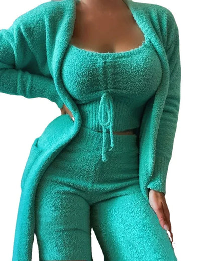 Women's Winter New Fashion Plush Pajamas Three-piece Set，Halter Short Top+high-waisted Straight-leg Pants+long Cardigan Jacket.