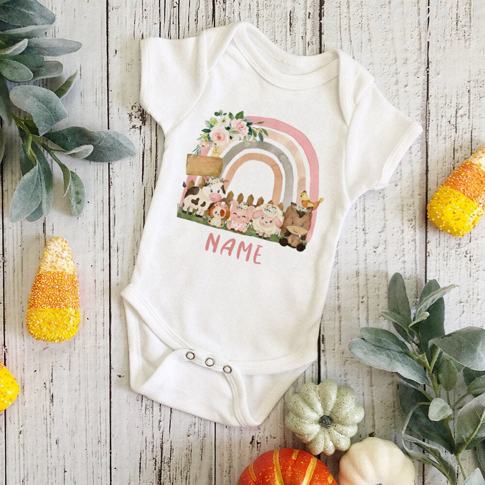 Personal isierte Baby Bodysuit Regenbogen Tier mit Namen Säugling Overalls Neugeborenen Wild One Outfits Stram pler Baby Geburtstag Dusche Geschenke.