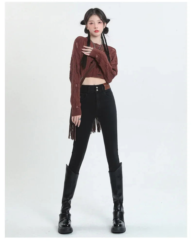 Spring Autumn 2024 New Style High-Waisted Black Jeans Women's Versatile Elastic Slimming Pencil Pants Fashionable Chinese Style.