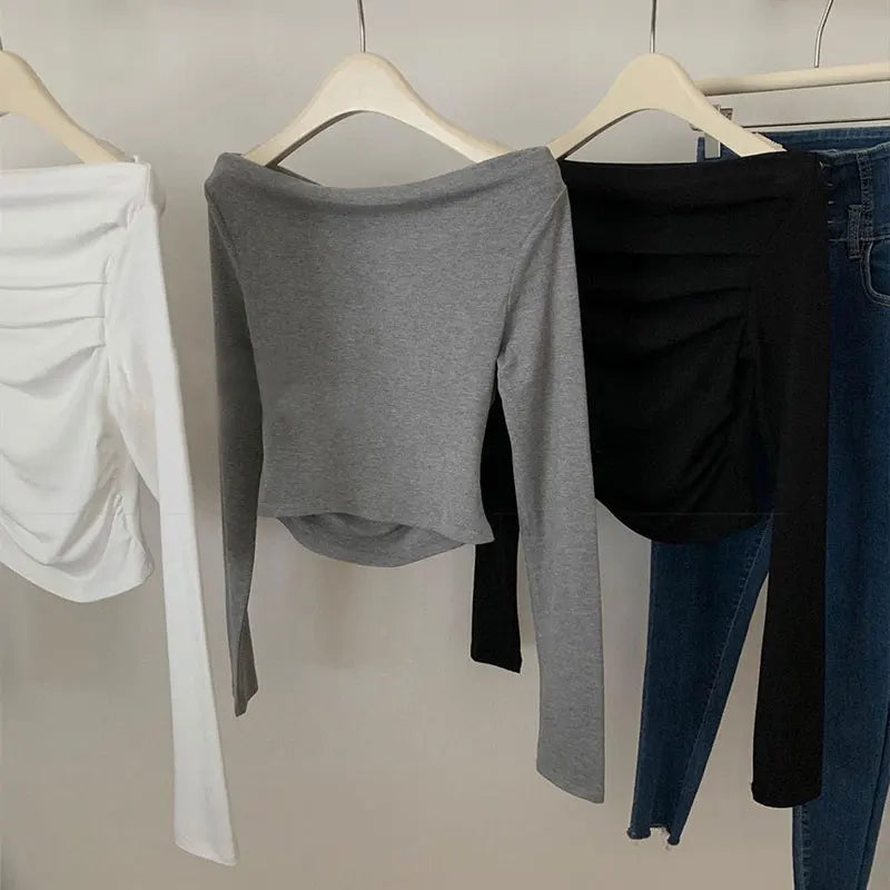 JOEVILU Pleated Off Shoulder Crop Tops Women's Slim Fit Long Sleeve T-shirt Korean Fashion Niche Base Shirt Aesthetic Clothes.