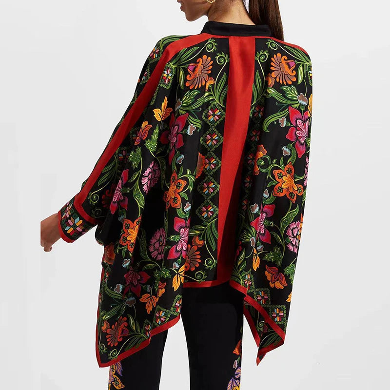 Retro Printed Loose Indie Folk Outfit Women Spring Stand Collar Button Irregular Top+Pant Set Fall Batwing Long Sleeve 2pcs Suit