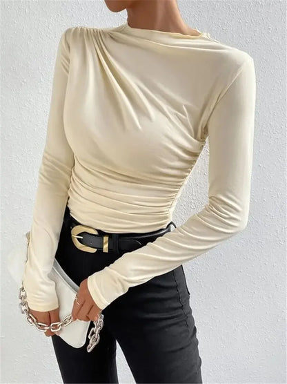 Slim Fit Long Sleeve Women's T-shirt Pure Color Design Pleated Detail Base Shirt Ladies Top Quality Material Comfortable Wear.